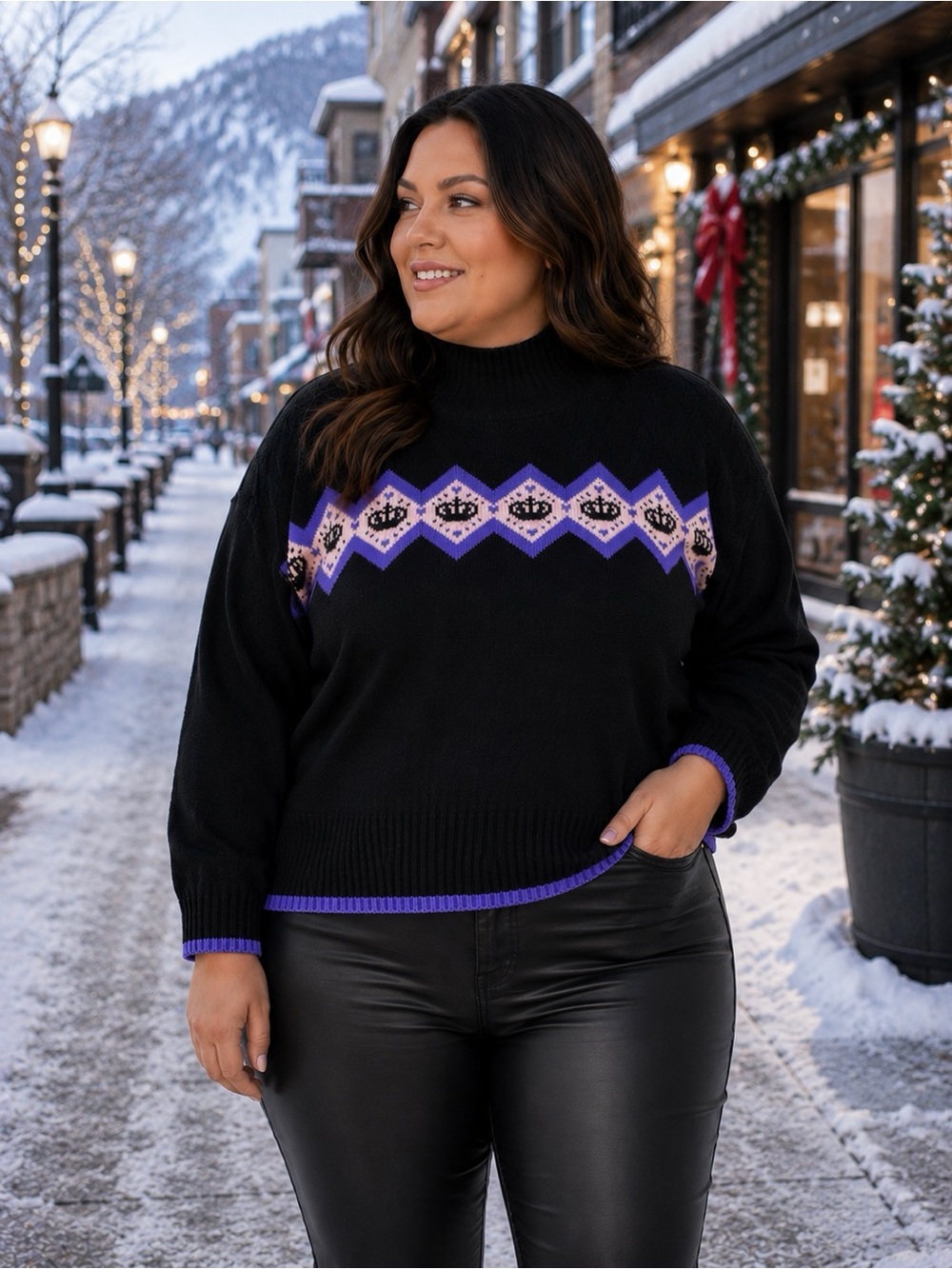 Juicy Couture Sweater Black Mock Neck Argyle Pattern NWT